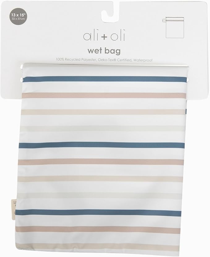 Ali+Oli Water Resistant Dual-Compartment Wet-Dry Bag for Travel, Hook to Stroller, Daycare, Diapers, Diaper Bag, Clutch Bag,15x12 inches (Pin Stripes)