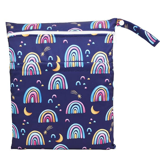 Wet Dry Bag Baby Cloth Diaper Nappy Bag Reusable Washable With Two Zippered Pockets (Rainbows Purple)