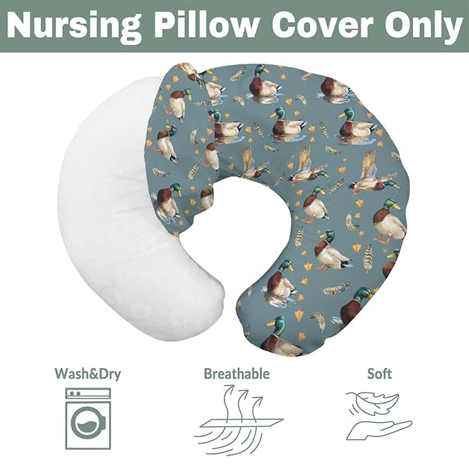 Vintage Mallard Ducks Baby Nursing Pillow Covers for Boy Girl Retro Duck Hunting Nursery Pillowcase for Breastfeeding Pillows Wild Birds Feathers Soft Stretchy Slipcovers for Newborn Infant