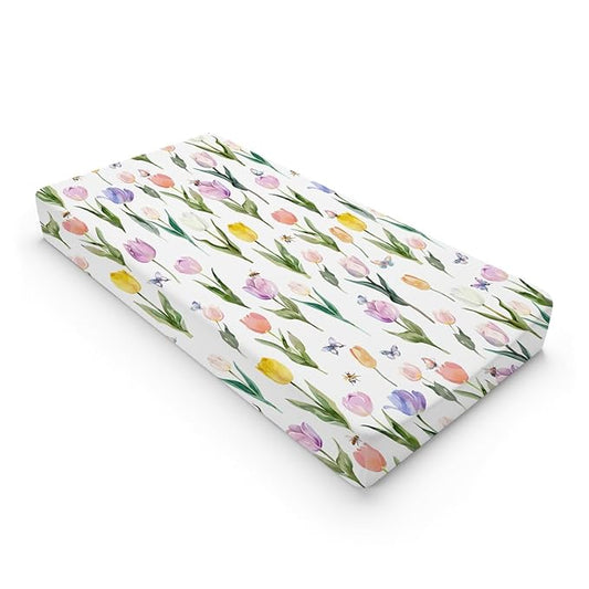 Watercolor Tulips Bees Butterflies Changing Pad Covers Boho Spring Floral Diaper Change Table Pad Sheets for Baby Girl Wild Flowers Soft Breathable Stretchy Snug Fitted Changing Table Mats 32''x16''