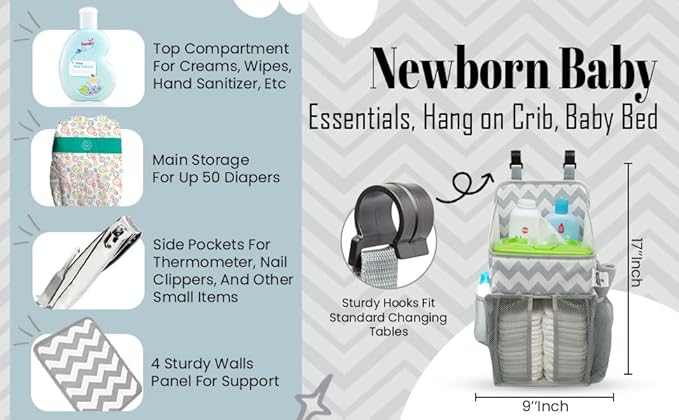 Chevron Pattern Diaper Caddy and Nursery Organizer for Newborn Baby Essentials, Hang on Crib, Baby Bed. Changing Table or wall. Multiple Pockets to Store Wipes, Creams, Lotions, Toys and more.