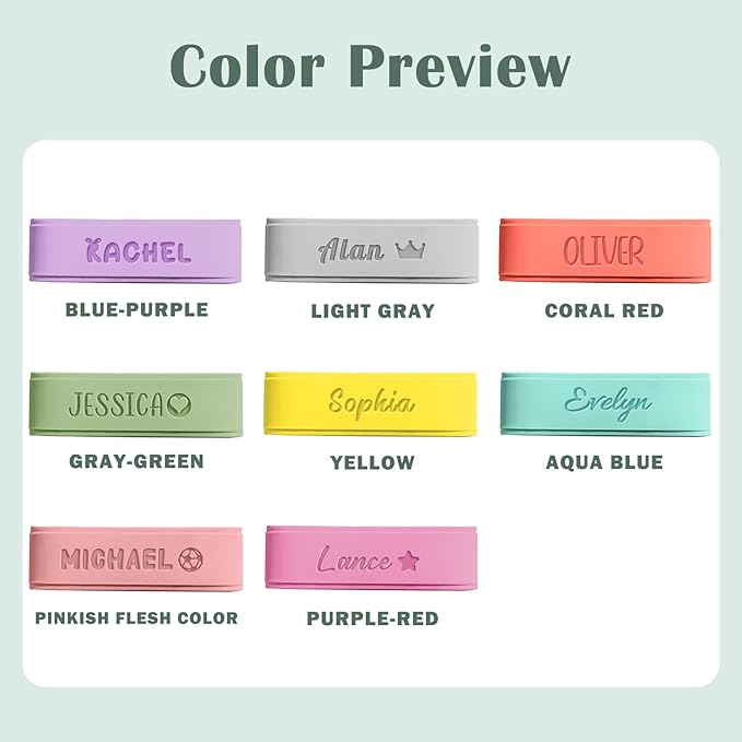 3UMeter 4PCS Personalized Waterproof Name Labels for Kids Custom Silicone Bottle Labels Engraved Non-Slip Elastic Reusable Water Bottle Name Bands for Boys Girls