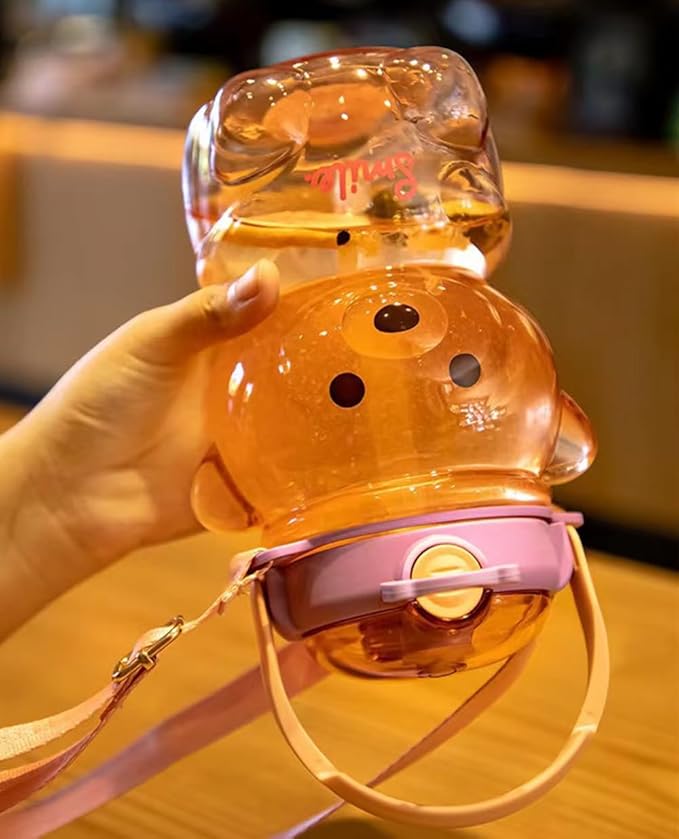 Kawaii Bear Straw Bottle,Leak-Proof Water Bottle with Adjustable & Removable Shoulder Strap for Boy and Girls (Pink)