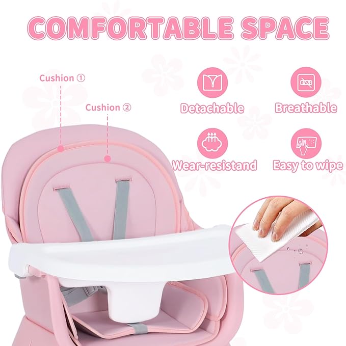 Kinder King 8 in 1 Baby High Chair, Coverts to Dining Booster Seat/Kids Table & Chair Set/Toddler Building Block Table/Kids Stool, Removable Tray & Double Seat Cover, Easy to Wipe, Pink & White