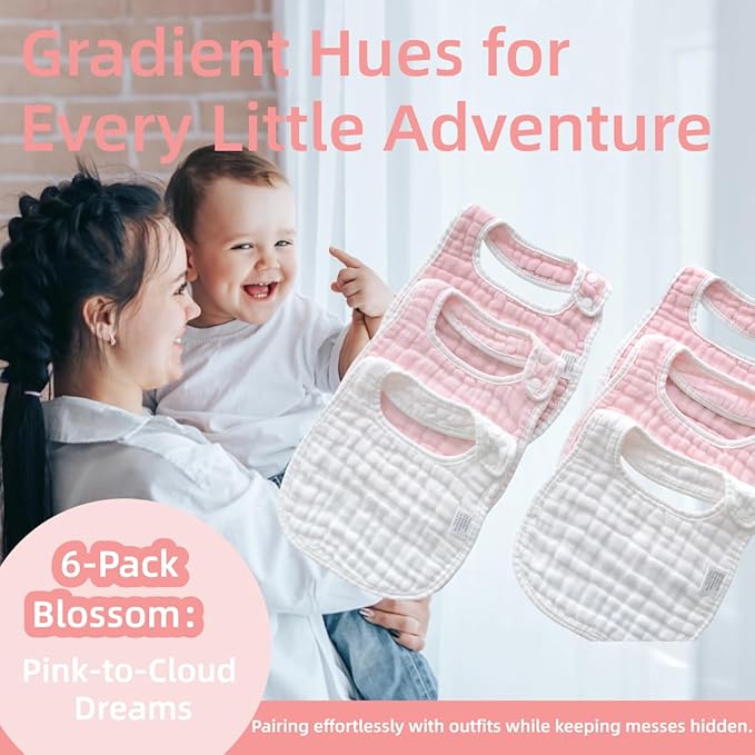 MUKIN Baby Muslin Bibs and Burp Cloths, 6 Pack, Soft Absorbent Cotton, Adjustable
