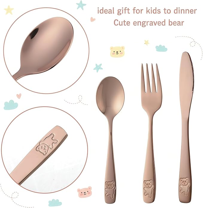 9 Piece Stainless Steel Kids Silverware Set,Toddler Utensils,Child Safe Flatware Forks Spoons Knives,Mirror Polished, Dishwasher Safe, for Boys and Girls