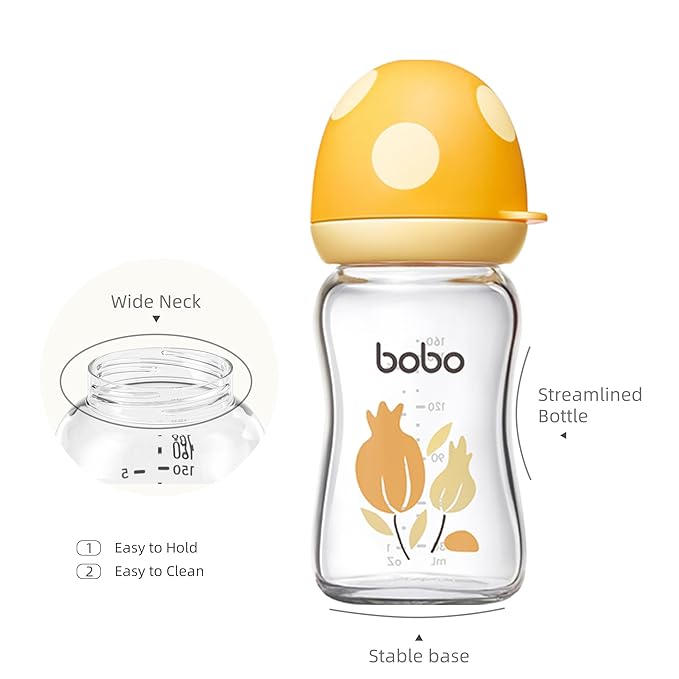 YOHKOH Natural Glass Baby Bottle with Level 1 Slow Flow Nipple, Newborn Anti-Colic Baby Bottles, Wide Neck Mushroom Baby Glass Bottle (Yellow, (5.4oz (Pack of 2))