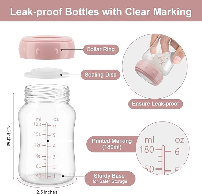 Breastmilk Storage Bottle Compatible with Momcozy Breastmilk Cooler 22oz, Breast Milk Containers for Fridge, Wide-Neck Baby Bottles for Pumping Fit Spectra S1/S2/SG/9Plus /Motif Luna Pumps, 6oz, Pink