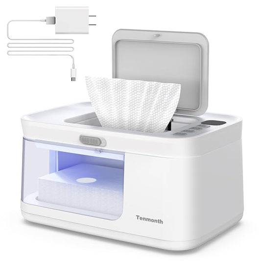 Baby Wipe Warmer Baby Wet Wipes Dispenser, Tenmonth Diaper Wipe Warmer with LED Light & Transparent Viewing Window, Adjustable 95℉-131℉, 1.5 Meter Plug Cord