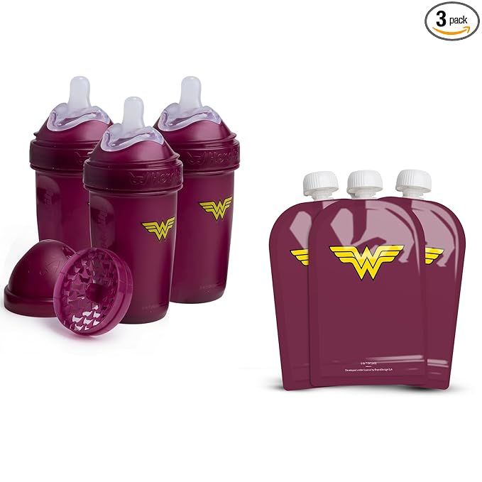 Herobility DC Comic Double Anti-Colic Baby Bottle with Baby Squeezer Pouches - Pack of 3 - Bundle