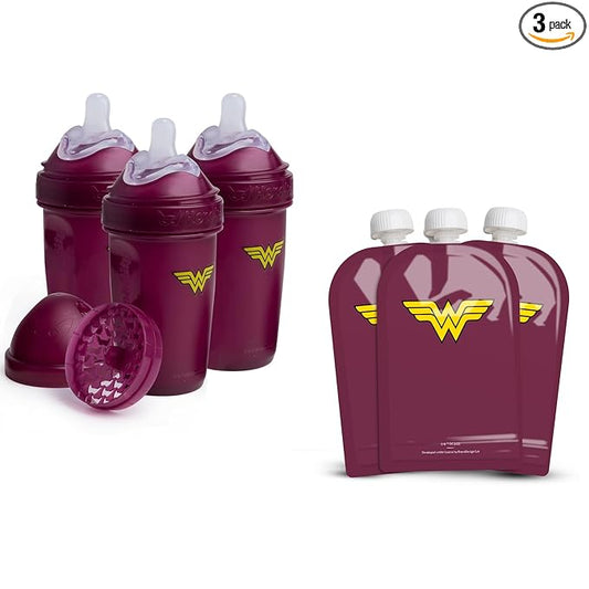Herobility DC Comic Double Anti-Colic Baby Bottle with Baby Squeezer Pouches - Pack of 3 - Bundle