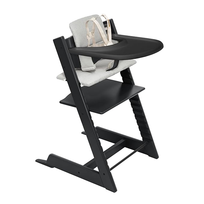 Stokke Tripp Trapp High Chair 2 (Black), Cushion 2 (Nordic Grey) + Stokke Tray (Black) - Includes Chair + Baby Set with Removable Harness for Children 6-36 Months
