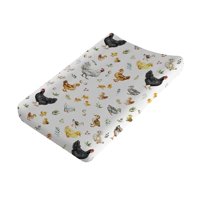 Spring Farm Animals Boho Leaves Changing Pad Covers Chick Rooster Hen Duck Eggs Baby Diaper Changing Pad Cover for Boy Girl Soft Breathable Stretchy Baby Changing Table Sheets Mats 32''x16''