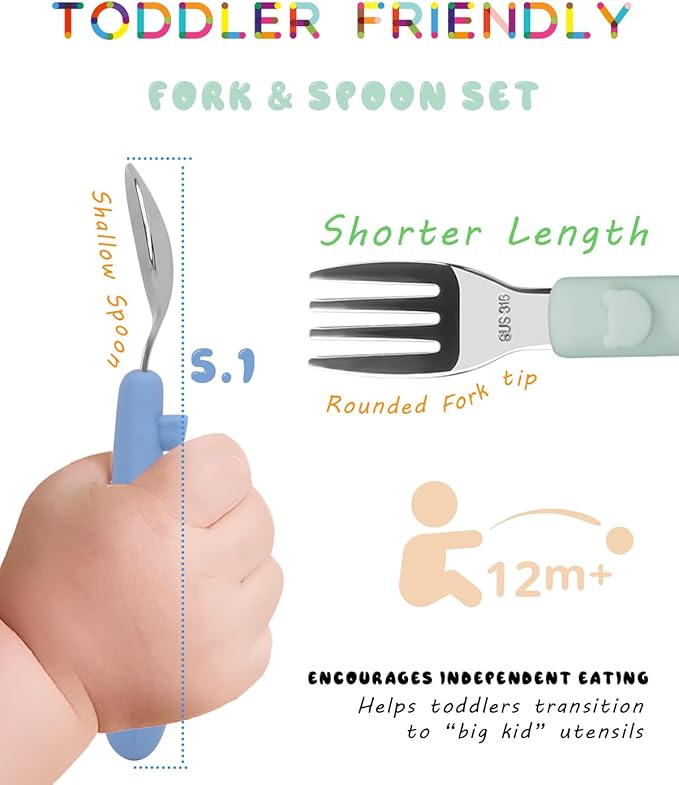 Bakpoco 6PCS Toddler Utensils, 316 Stainless Steel Baby Safe Forks + Spoons with Silicone Handle, BPA Free Dishwasher Safe Kids Silverware Cutlery with Box, Sage/Blue/Gray