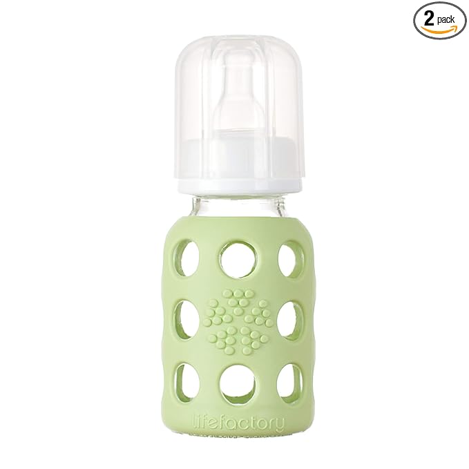 Lifefactory 4-Ounce BPA-Free Glass Baby Bottle with Protective Silicone Sleeve and Stage 1 Nipple, Spring Green