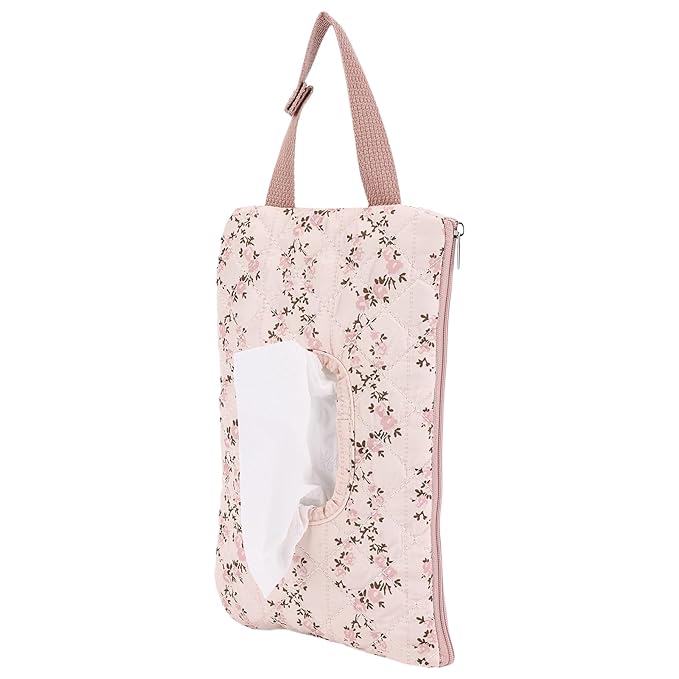 Quilted Baby Wipe Holder, Canvas Floral Quilted Pouch with Hanging Strap, Portable Diaper Wipe Holder for Travel Stroller-Long Branch Pollen