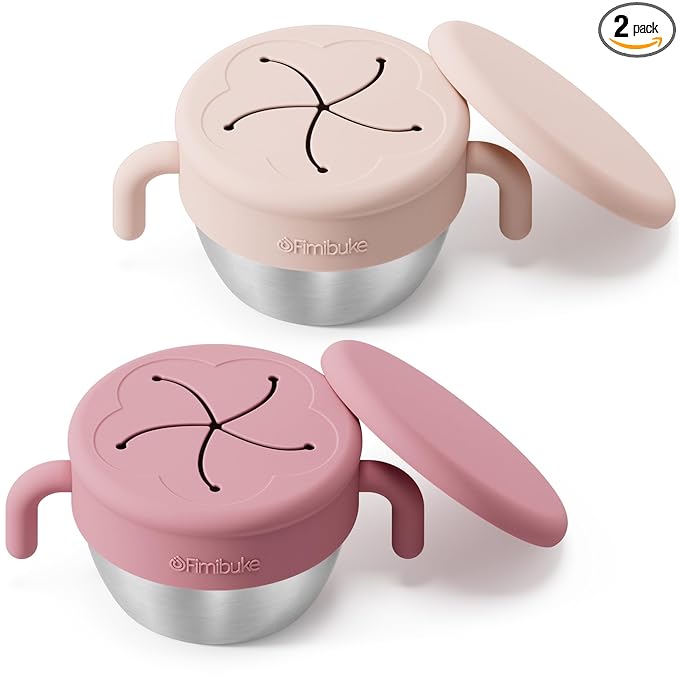 Fimibuke Snack Containers for Toddlers Kids, 12 OZ Spill Proof Stainless Steel Baby Snack Cups with Removable Silicone Food Catcher, Handles & Travel Lid BPA-Free Dishwasher Safe Food Container 2 Pack