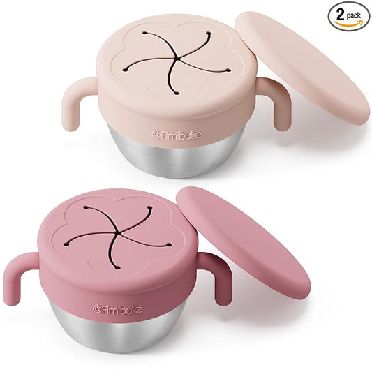 Fimibuke Snack Containers for Toddlers Kids, 12 OZ Spill Proof Stainless Steel Baby Snack Cups with Removable Silicone Food Catcher, Handles & Travel Lid BPA-Free Dishwasher Safe Food Container 2 Pack