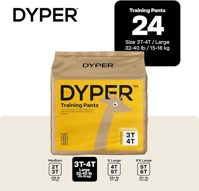 DYPER Toddler Training Pants 3T-4T for Boys & Girls Hypoallergenic, Unscented, Plant-Based & Perfect for Sensitive Skin, Leakproof Potty Training Pants for Day & Overnight Protection (24 Count)