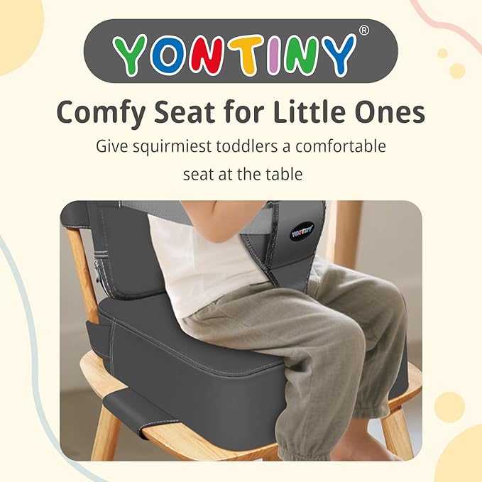 Toddler Booster Seat for Kitchen Chair with Removable Backrest & Adjustable Straps, PU Portable Waterproof & Non-Slip Booster Seat for Dining Table, Travel Child Eating Cushion - Dark Grey