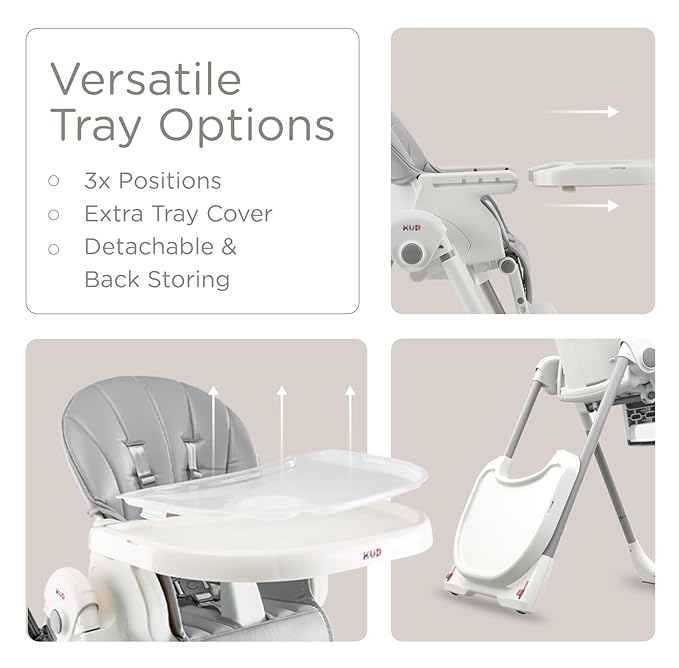 KÜB 3-in-1 Foldable Baby High Chair | Multifunctional Infant High Chairs for Babies and Toddlers | Removable Seat & Tray for Easy Clean | 7 Height & 4 Recline Adjustable | 2 Locking Wheels(Grey)