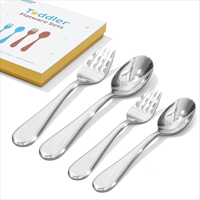 KINGSTONE Toddler Utensils Set, 4 Piece Forks and Spoons Gift Set, Small and Large Kids Silverware Sets, 18/10 Stainless Steel Food Grade Flatware Sets, Dishwasher Safe, Mirror Polished