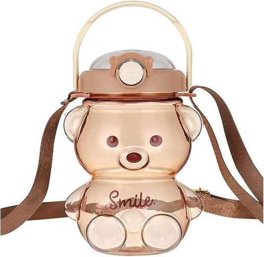 Kawaii Bear Straw Bottle,Leak-Proof Water Bottle with Adjustable & Removable Shoulder Strap for Boy and Girls (coffee)