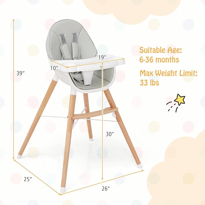 BABY JOY Baby High Chair, Wooden High Chair for Babies & Toddlers with Dishwasher Safe Double Removable Tray, Infant Feeding Chair with 5-Point Safety Harness & Detachable PU Seat Cushion (Gray)