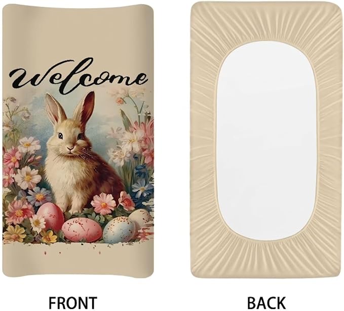 Easter Rabbit Print Changing Pad Cover Change Table Covers for Baby Girls Green Hat Soft Breathable Changing Pad Sheets Cover