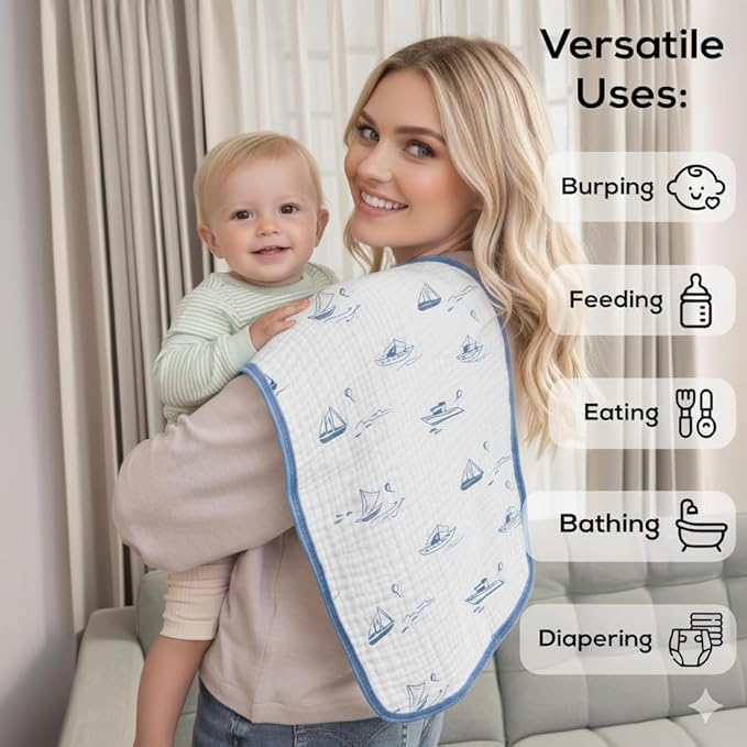 Muslin Burp Cloths, 20"x10"- Pack of 8, 6 Layers Super Soft Absorbent & Breathable 100% Cotton for Baby Drool and Messes, Burp Cloth Baby Boy and Burp Cloths Baby Girl