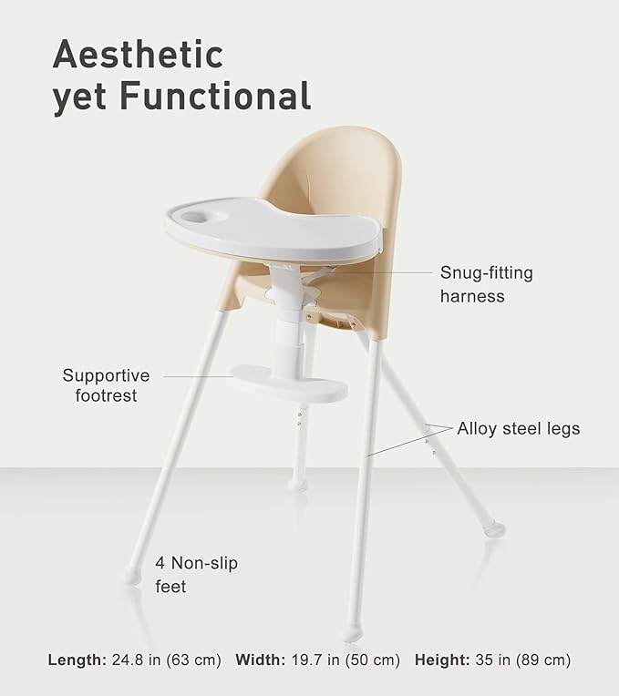 Mallify Foldable High Chair, Space-Saving Portable Baby High Chair with Removable Double Tray, Modern Convertible Baby Feeding Chair, Lightweight, Easy to Clean, Beige