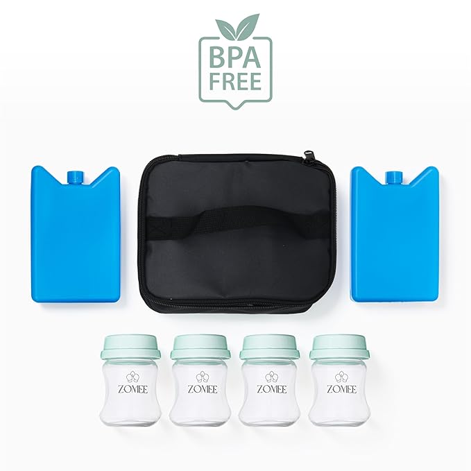 Zomee Breastmilk Cooler Bag for Baby Bottles – Insulated Travel Tote with 2 Ice Packs & 4 Bottles – Keeps Milk Cold for Nursing & Pumping Moms