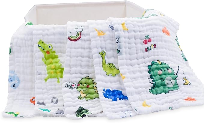 PENG'S M Baby Muslin Burp Cloths 5 Pack Dinosaur Burping Rags Super Soft Face Towel 100% Organic Cotton 20x10 Inches