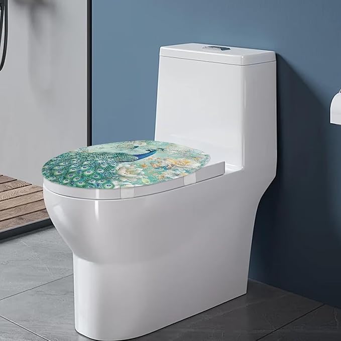 Peacock Toilet Lid Cover Soft Flannel Fabric Toilet Cover Elastic Edges Seat Covers Soft and Breathable Toilet Lid Covers for Bathroom Fits Most Toilet Lids