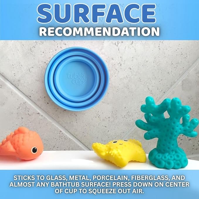 TubbyCup Toddler Bath Rinse Cup – Easy Hair Rinsing Without Tears, Suction Base Sticks to Tub, Soft Collapsible Silicone, BPA-Free (Blue)