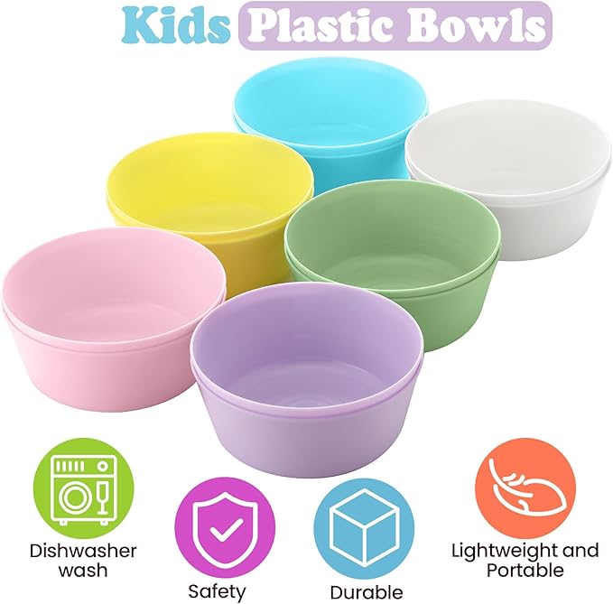 Foaincore Kids Plastic Bowls 10 oz Cereal Snack Microwave Dishwasher Safe Toddler Bowls Kids Colorful Snack Children Salad Dessert Soup Supplies