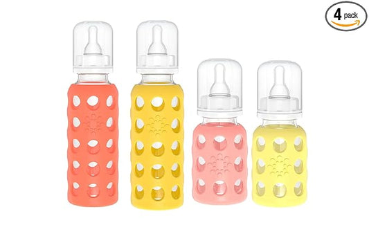 Lifefactory Glass Baby Bottles with Silicone Protection - 4-Pack, 4 oz/9 oz Bottles, (1- Banana, 1- Mango, 1- Cantaloupe & 1- Papaya)