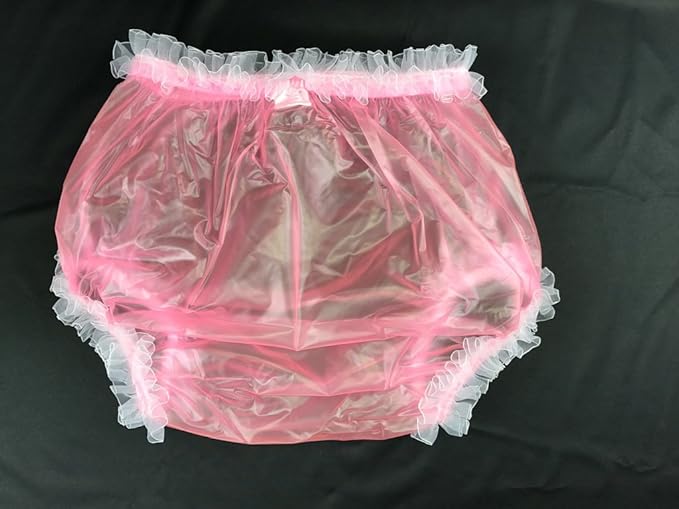 Haian Adult Incontinence Pull-on Plastic Pants Lace Panties with White Lace (XX-Large, Transparent Pink)