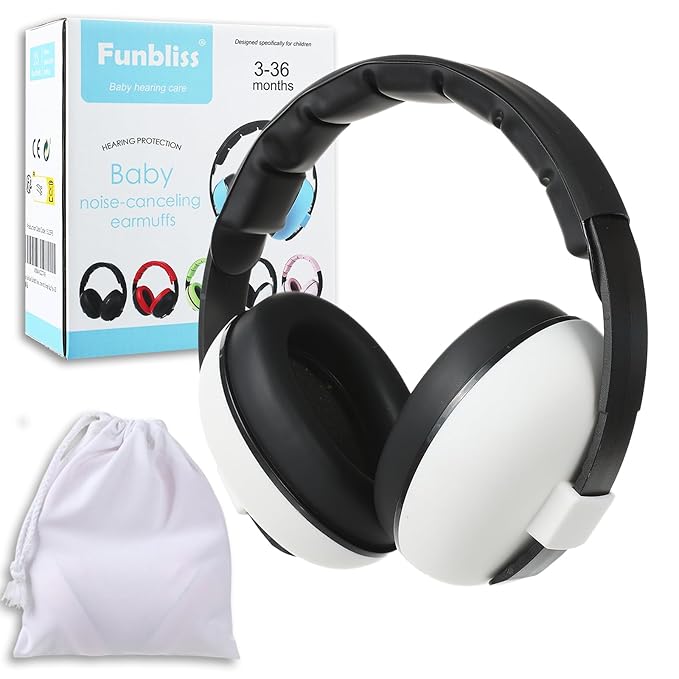 Funbliss Baby Ear Protection Headphones - Safe Noise Cancelling Headphones for Baby and Toddler 3-36 Months,Safe Materials with Storage Bag,White-Blk
