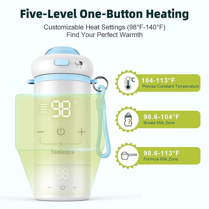 Toolastra Portable Bottle Warmer for Baby on The Go, 16.91oz 100% Faster Heating & Precise Temperature Control, Leak-Proof Design, Child Safety Lock, Ideal for Travel, Formula & Breast Milk Warmer