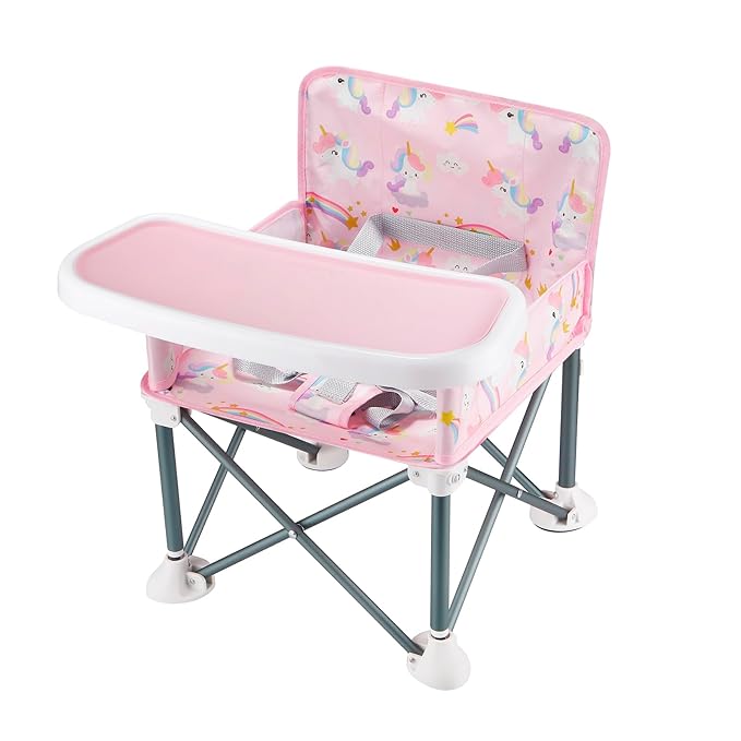 PandaEar Portable Baby Booster Seat | Compact Fold with Safety Straps & Feeding Tray for Indoor/Outdoor Use | Great for Travel, Camping, Beach, Lawn | Toddlers, Kids, Boys, Girls (Pink Unicorn)