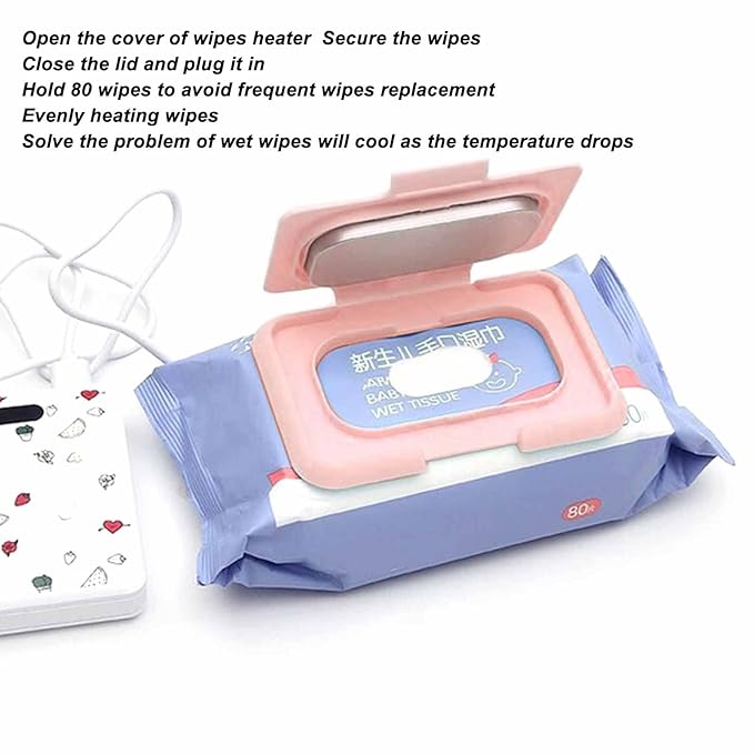 Baby Wipe Warmer, Baby Wet Wipes Dispenser, Travel Holder Refillable Ultra Thin USB Heating Wipe Case, Keep Constant Temperature, Large Capacity, Newborn Essentials, Pink