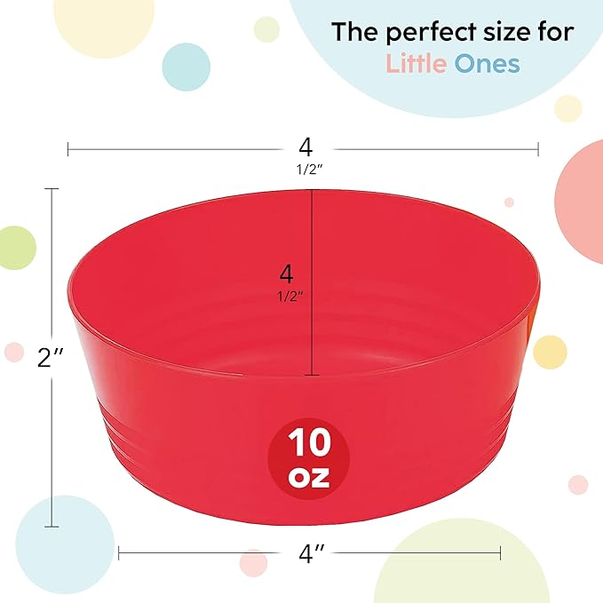 PLASKIDY Plastic Toddler Bowls Set of 6 - 10 Oz Kids Bowls, Microwave & Dishwasher Safe, BPA Free, Brightly Colored, Great for Cereal, Soup, Snack, Fruit or Salad