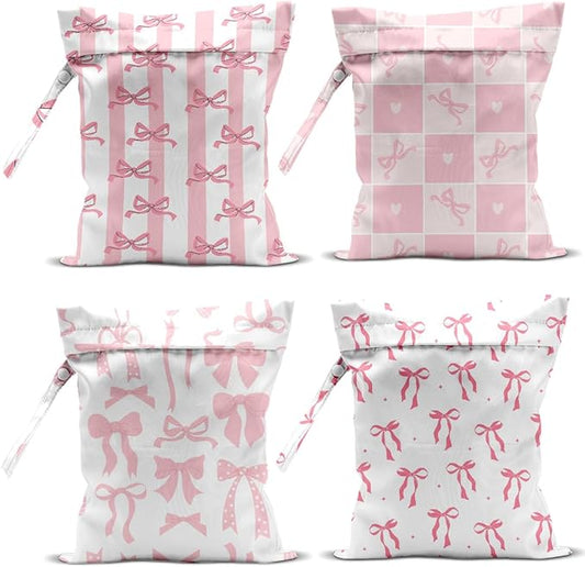 4 Pack Wet Bag for Swimsuit, Beach Travel Essentials Wet Dry Bag, for Sunscreen Toiletry Dirty Clothes Yoga Gym Diaper, Friend Summer Beach Vacation Gifts. Pink Bow Series