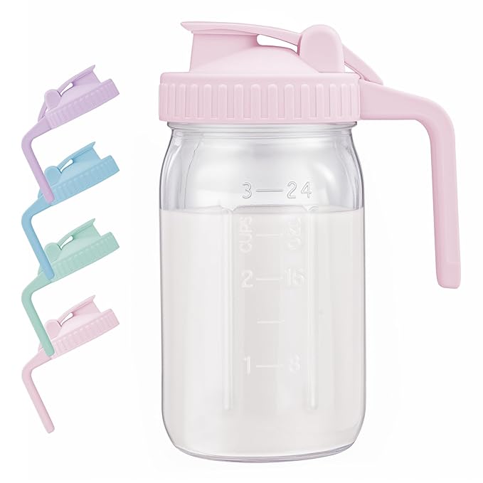 AoeJarry Breast Milk Pitcher with Leak Proof Flip Cap & Pour Spout, 32 oz Wide Mouth Mason Jars for Breast Milk Storage Container, Glass Picther with Lid for Cold Brew Coffee, Sun Tea, Juices, Pink