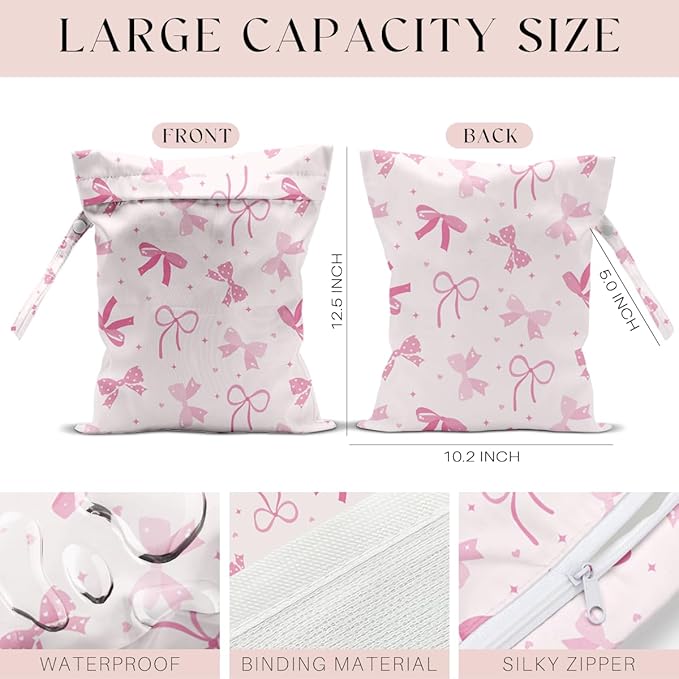 Wet Bag, Wet Dry Bag, Swimsuit Bags, Beach Essentials, Waterproof Bags for Women Ideal for Travel, Beach, Pool, Diapers, and Dirty Yoga Gym Clothes（Pink Bow Decor）