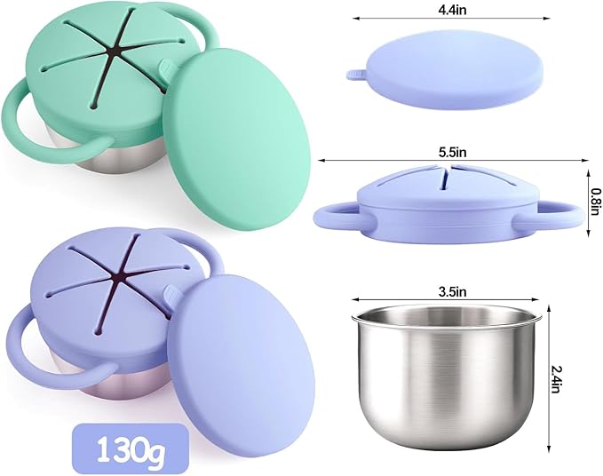 Stainless Steel Snack Containers for Toddlers with Spill-Proof Silicone Lids & Handles - 3-in-1 Baby Snack Cups, No-Spill Toddler Snack Box, Perfect for On-the-Go Healthy Eating - 2pack