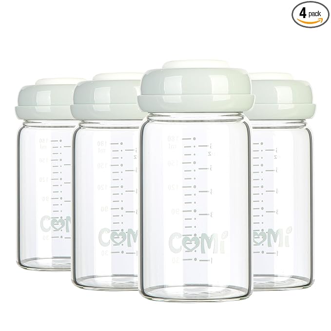 COMI Wide Neck Glass Breastmilk Collection n Storage Bottle, 4 Packs, 6oz with Screw Ring Sealing Disk; Re-markable Sealing Disc. BPA Free, Fits Breast Pumps & Nipples (4 Gray Lids)