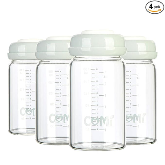 COMI Wide Neck Glass Breastmilk Collection n Storage Bottle, 4 Packs, 6oz with Screw Ring Sealing Disk; Re-markable Sealing Disc. BPA Free, Fits Breast Pumps & Nipples (4 Gray Lids)