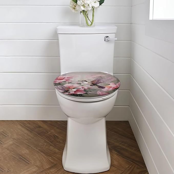 Hummingbird Polyester Fabric Toilet Seat Cover - Dustproof With Elastic Edges, Universal for Most Bowl Lids